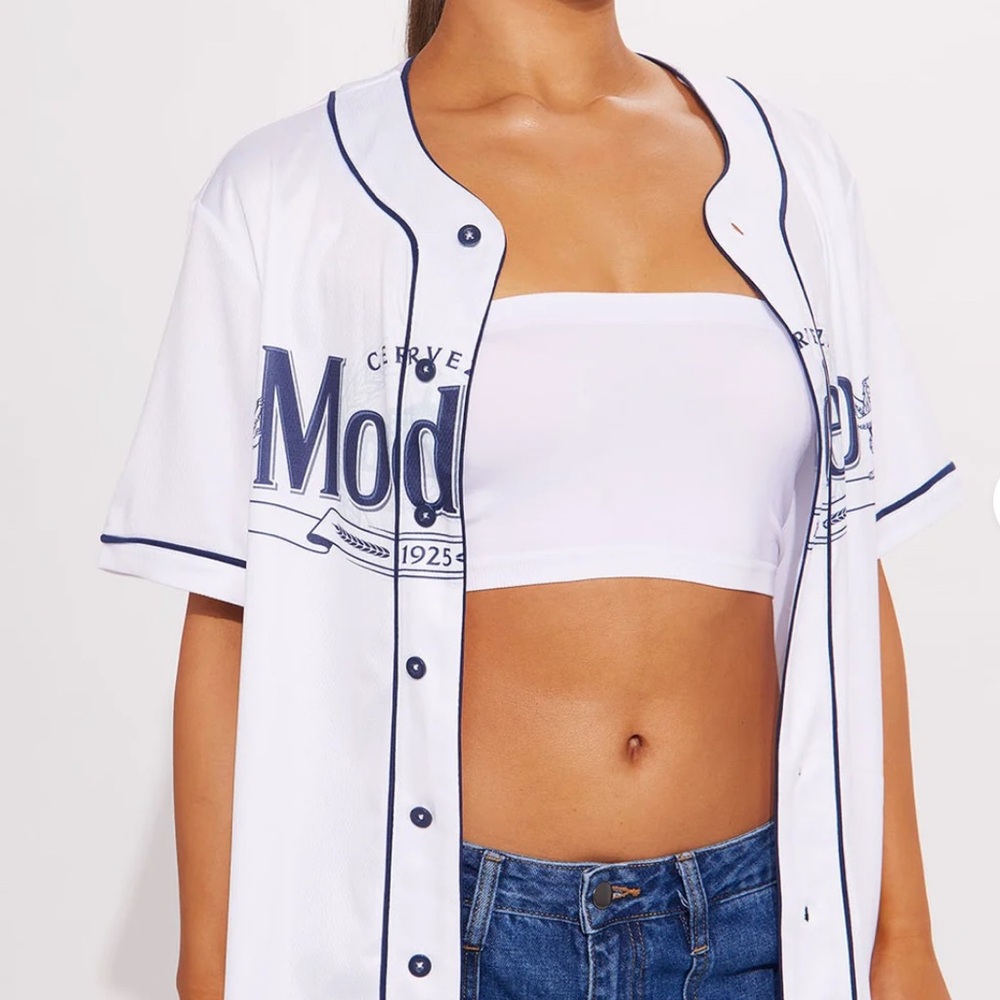 Fashion Nova White and Blue Baseball Jersey Top